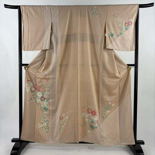 訪問服 身長160cm 袖長65.5cm M 雙層 菊花 蝶 刺繡 金銀彩 薄茶 純蠶絲 秀品級