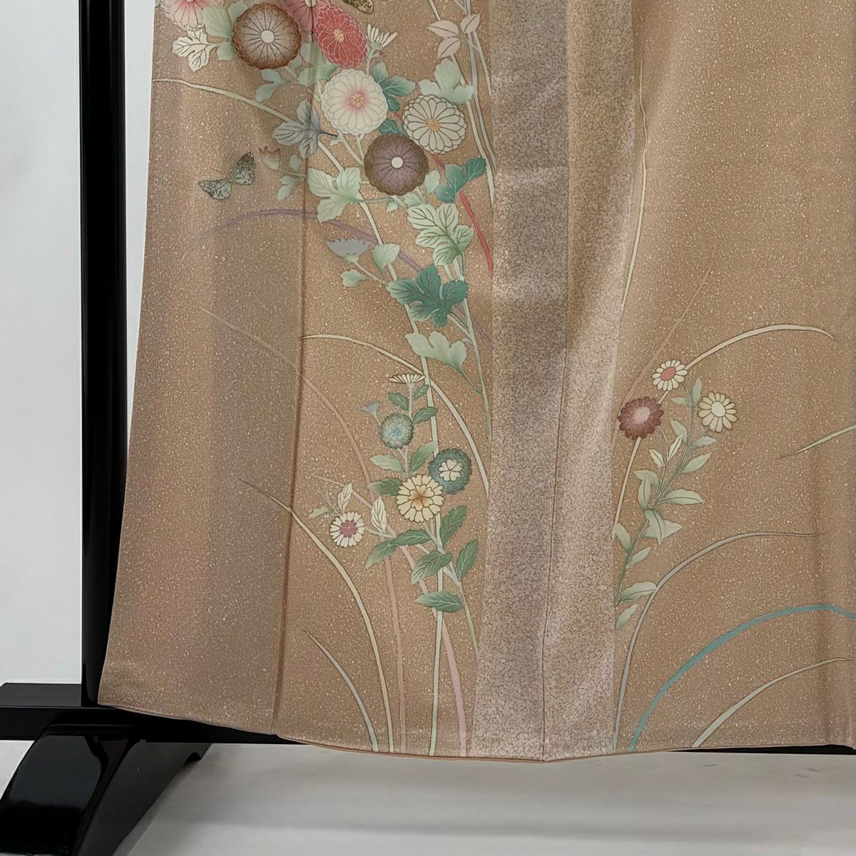訪問服 身長160cm 袖長65.5cm M 雙層 菊花 蝶 刺繡 金銀彩 薄茶 純蠶絲 秀品級