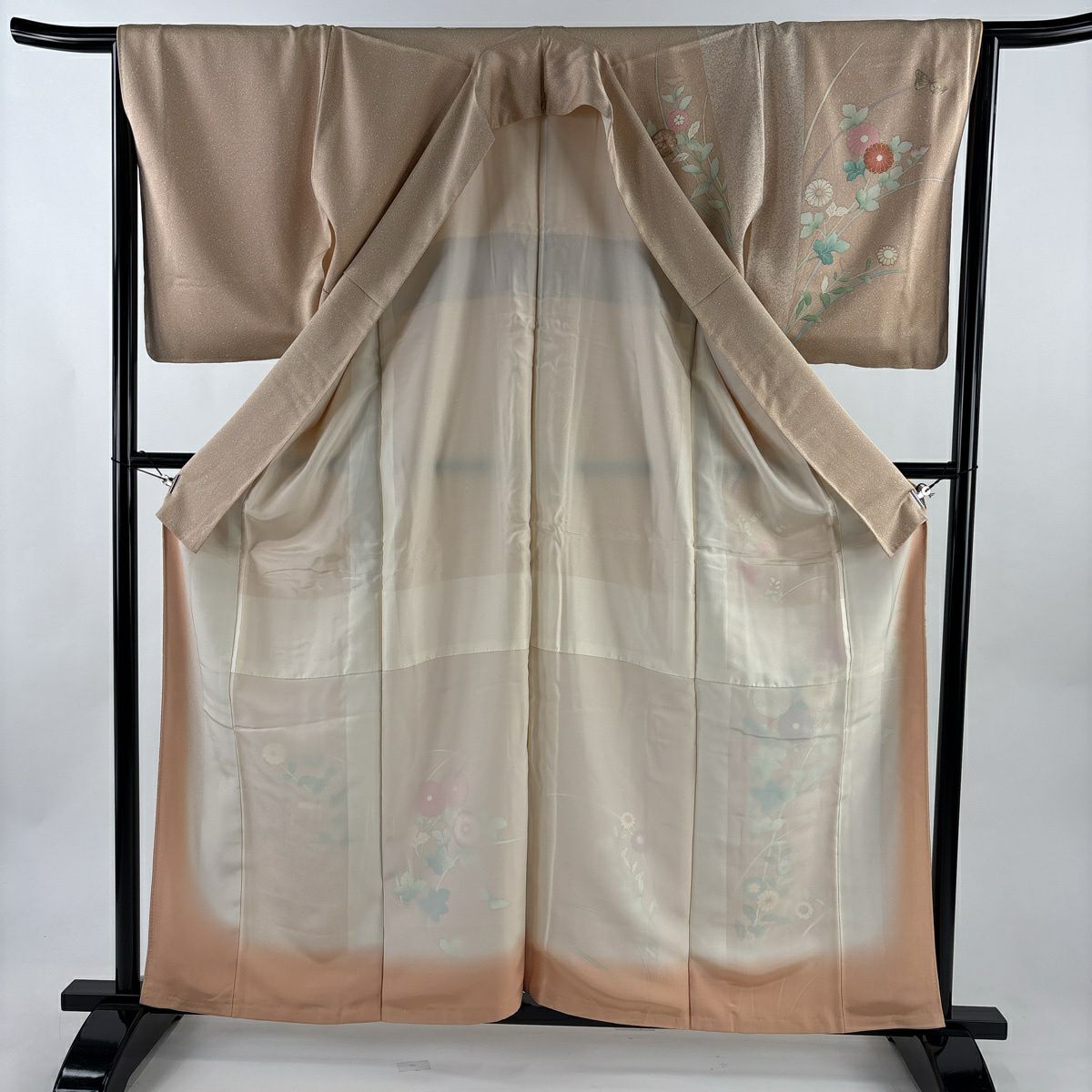 訪問服 身長160cm 袖長65.5cm M 雙層 菊花 蝶 刺繡 金銀彩 薄茶 純蠶絲 秀品級
