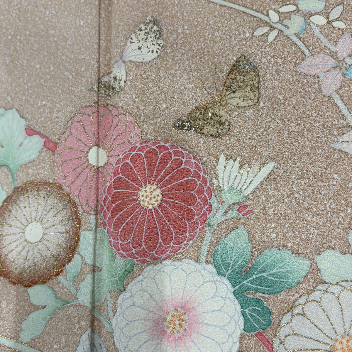 訪問服 身長160cm 袖長65.5cm M 雙層 菊花 蝶 刺繡 金銀彩 薄茶 純蠶絲 秀品級