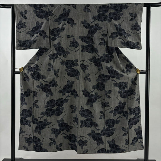 【美品】 紬織織 身長150cm 袖長61.5cm S 雙層 枝花 灰 純蠶絲 秀品級