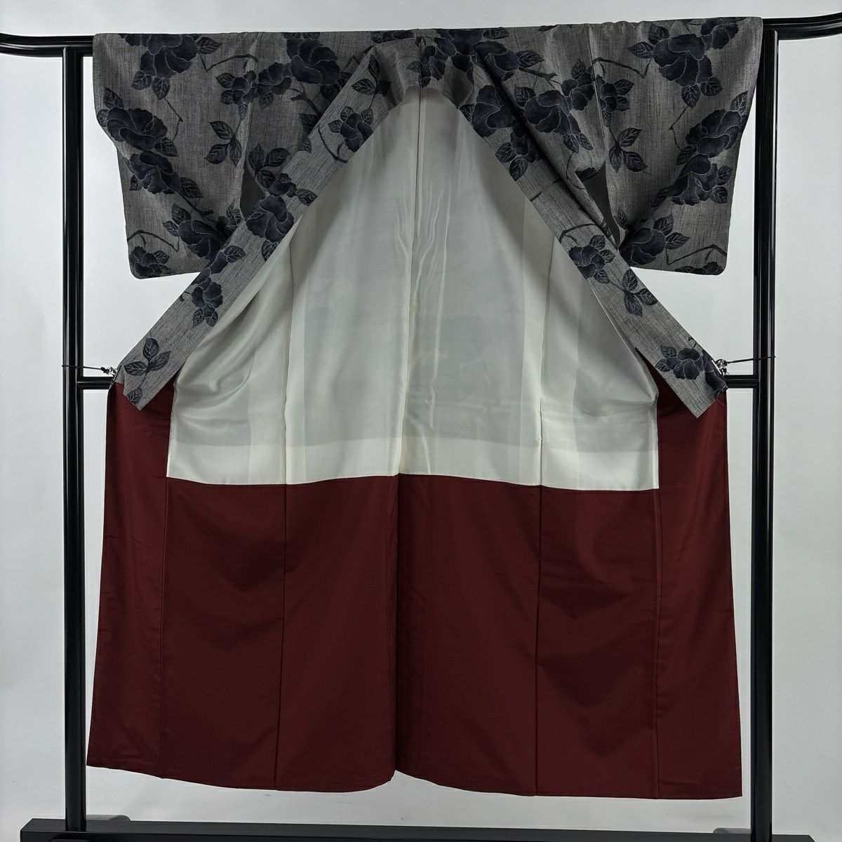 【美品】 紬織織 身長150cm 袖長61.5cm S 雙層 枝花 灰 純蠶絲 秀品級