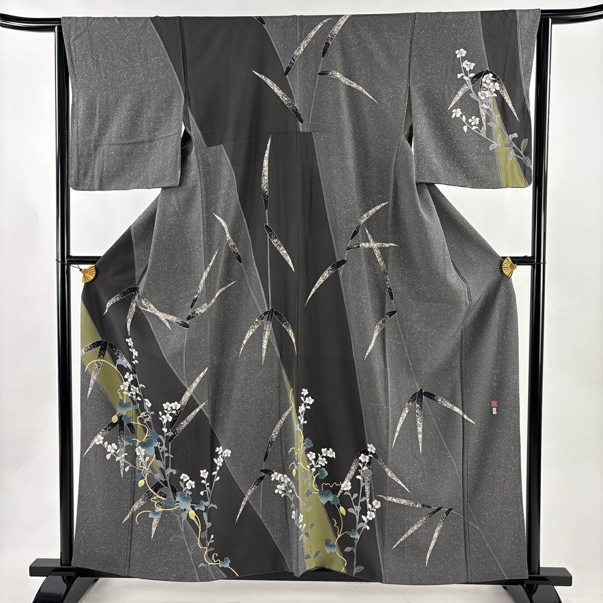 【美品】訪問服 身長158.5cm 袖長65cm M 雙層 鈕襻 有落款 草花紋紋 竹子染分 灰色 純蠶絲 秀品級