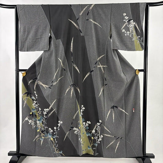 【美品】訪問服 身長158.5cm 袖長65cm M 雙層 鈕襻 有落款 草花紋紋 竹子染分 灰色 純蠶絲 秀品級