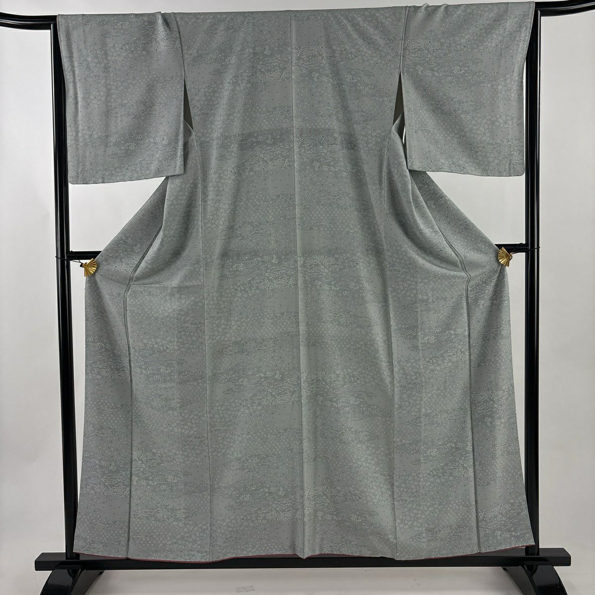 小紋 身長159.5cm 袖長66cm M 雙層 鳥 草花紋 灰綠 純蠶絲 秀品級