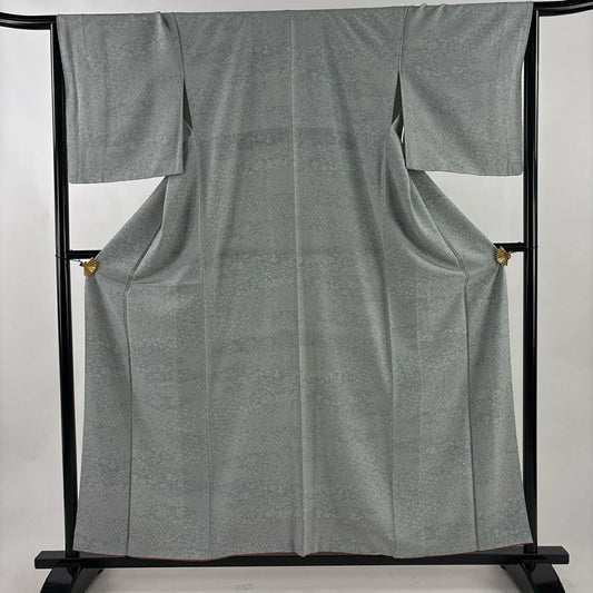 小紋 身長159.5cm 袖長66cm M 雙層 鳥 草花紋 灰綠 純蠶絲 秀品級