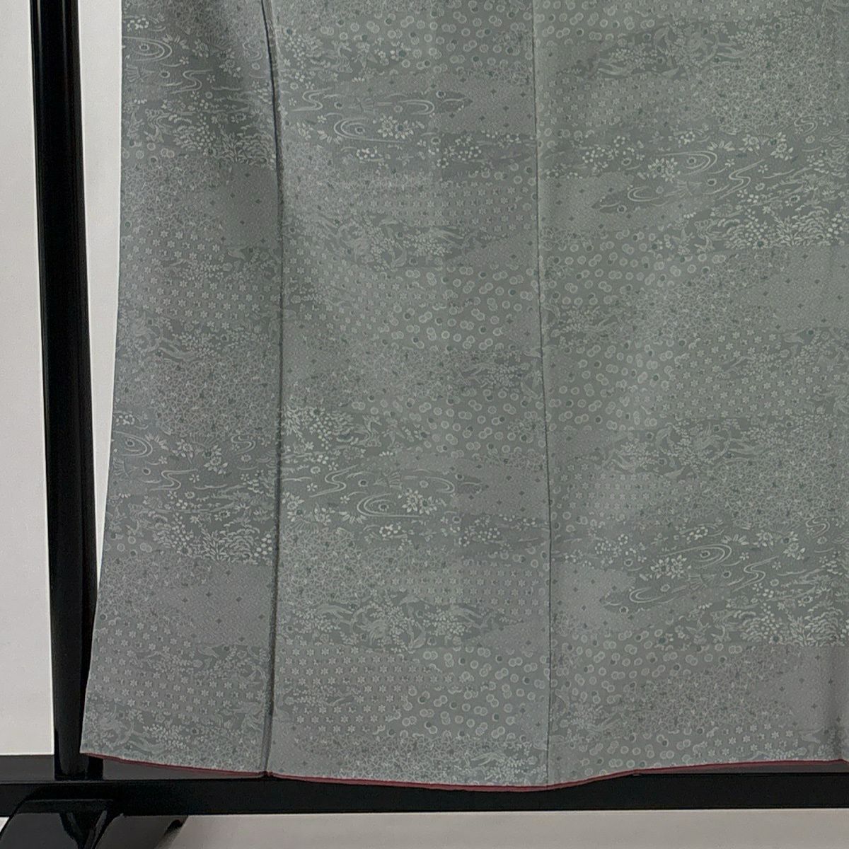 小紋 身長159.5cm 袖長66cm M 雙層 鳥 草花紋 灰綠 純蠶絲 秀品級