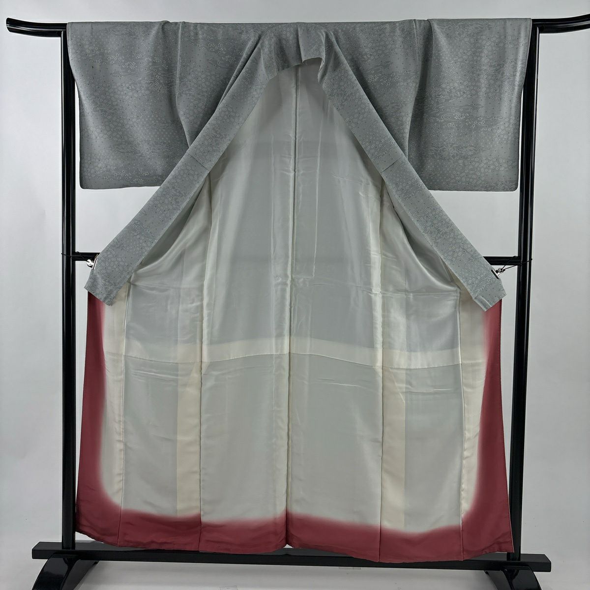 小紋 身長159.5cm 袖長66cm M 雙層 鳥 草花紋 灰綠 純蠶絲 秀品級