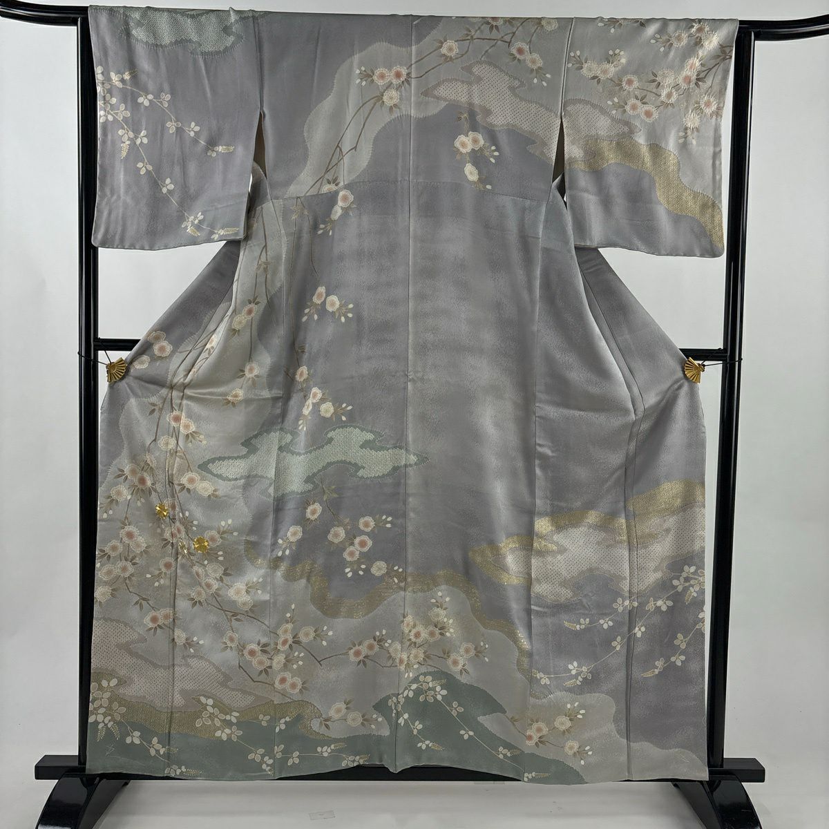 訪問服 身長161cm 袖長64cm M 雙層 鈕襻領 櫻花 霞 金絲 金銀彩 灰色 純蠶絲 優品級