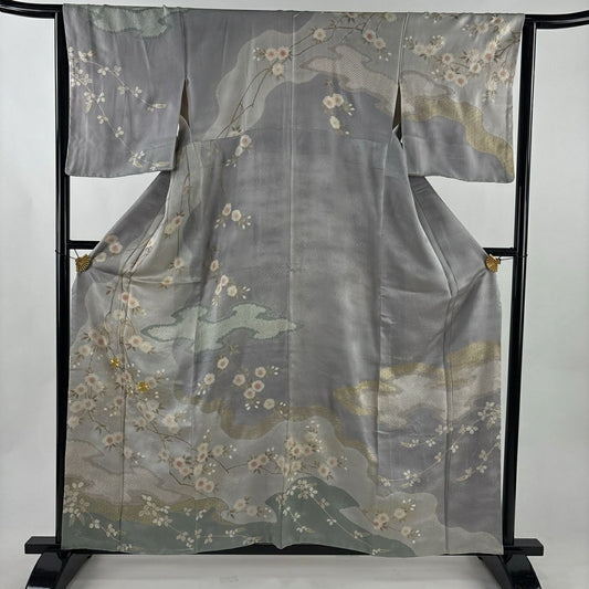 訪問服 身長161cm 袖長64cm M 雙層 鈕襻領 櫻花 霞 金絲 金銀彩 灰色 純蠶絲 優品級