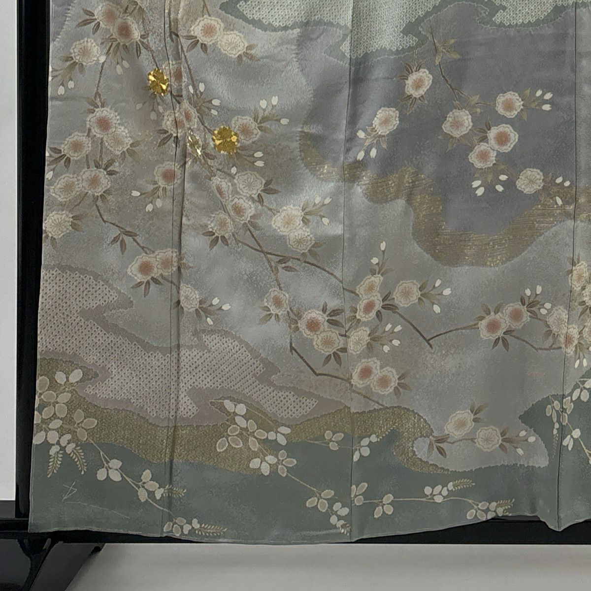 訪問服 身長161cm 袖長64cm M 雙層 鈕襻領 櫻花 霞 金絲 金銀彩 灰色 純蠶絲 優品級