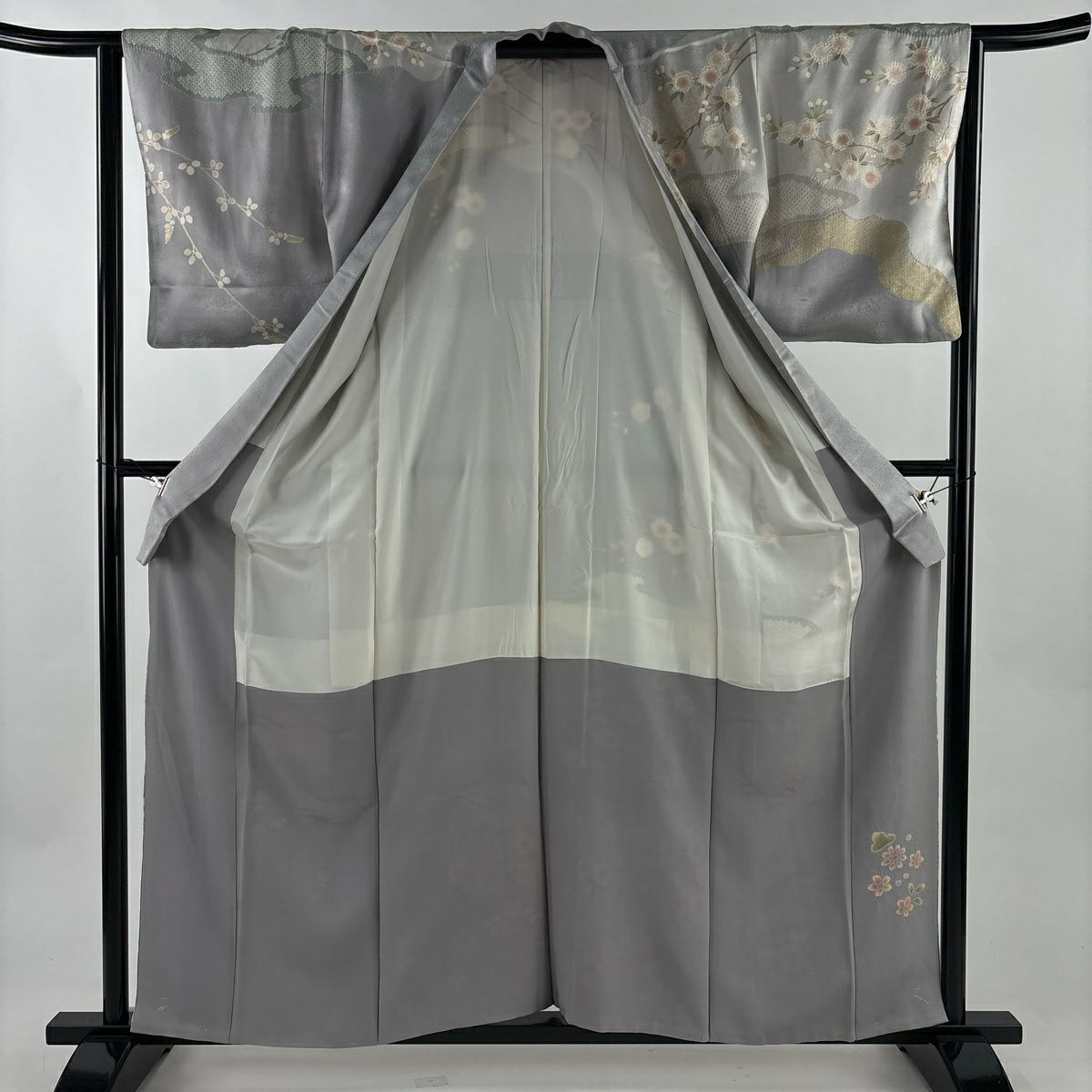 訪問服 身長161cm 袖長64cm M 雙層 鈕襻領 櫻花 霞 金絲 金銀彩 灰色 純蠶絲 優品級
