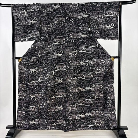 【美品】 小紋 身長161.5cm 袖長66cm M 雙層 草花紋紋 蝶 絞織 黑 純蠶絲 秀品級