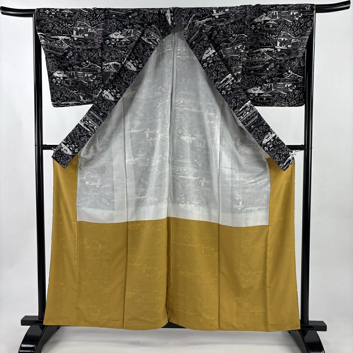 【美品】 小紋 身長161.5cm 袖長66cm M 雙層 草花紋紋 蝶 絞織 黑 純蠶絲 秀品級