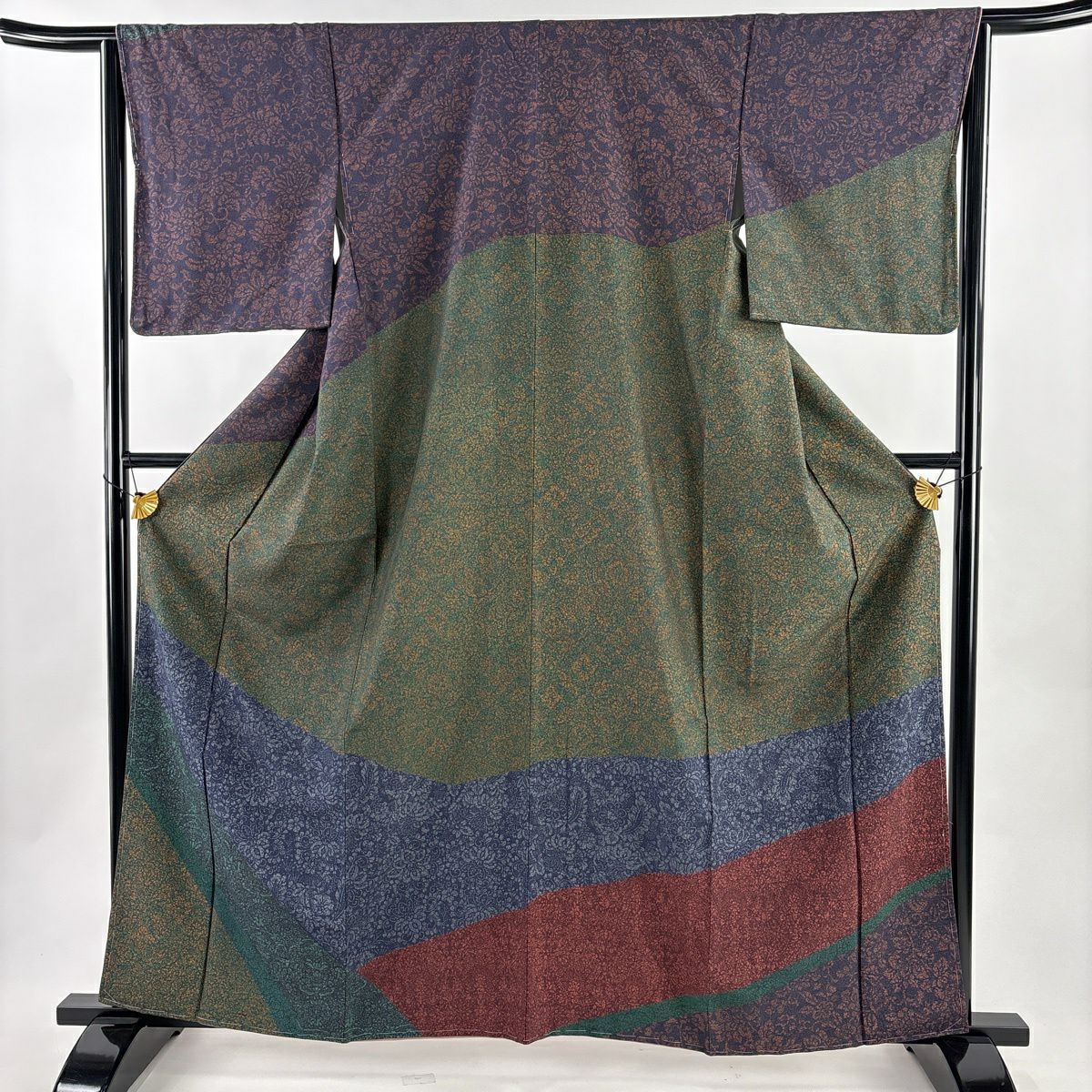 【美品】訪問服 身長162.5cm 袖長65cm M 雙層 紬織織 花唐草紋 濃紫 純蠶絲 秀品級