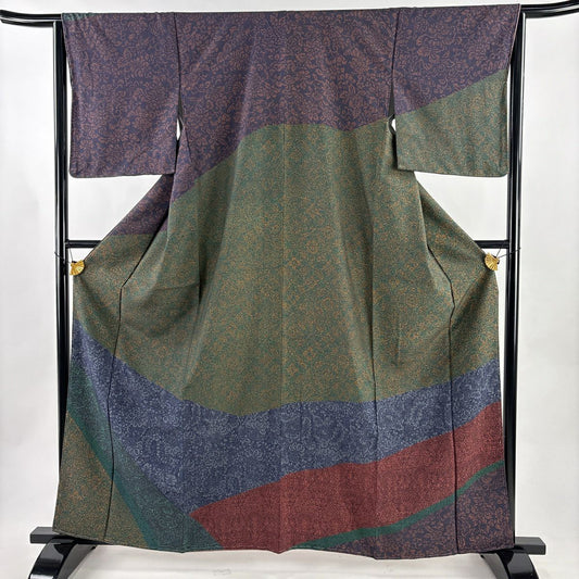 【美品】訪問服 身長162.5cm 袖長65cm M 雙層 紬織織 花唐草紋 濃紫 純蠶絲 秀品級