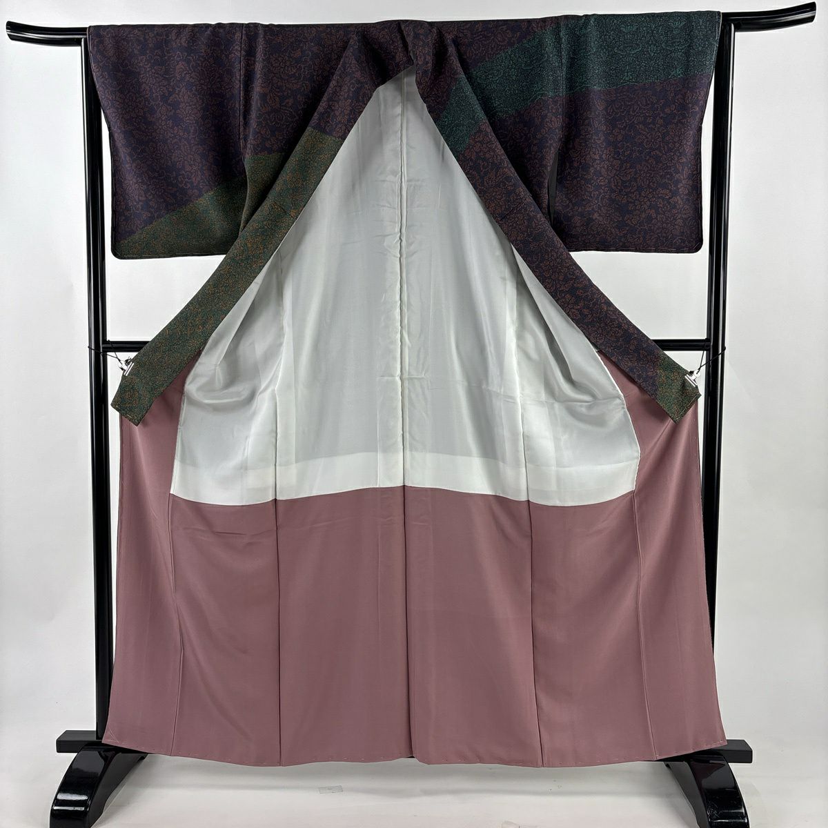 【美品】訪問服 身長162.5cm 袖長65cm M 雙層 紬織織 花唐草紋 濃紫 純蠶絲 秀品級