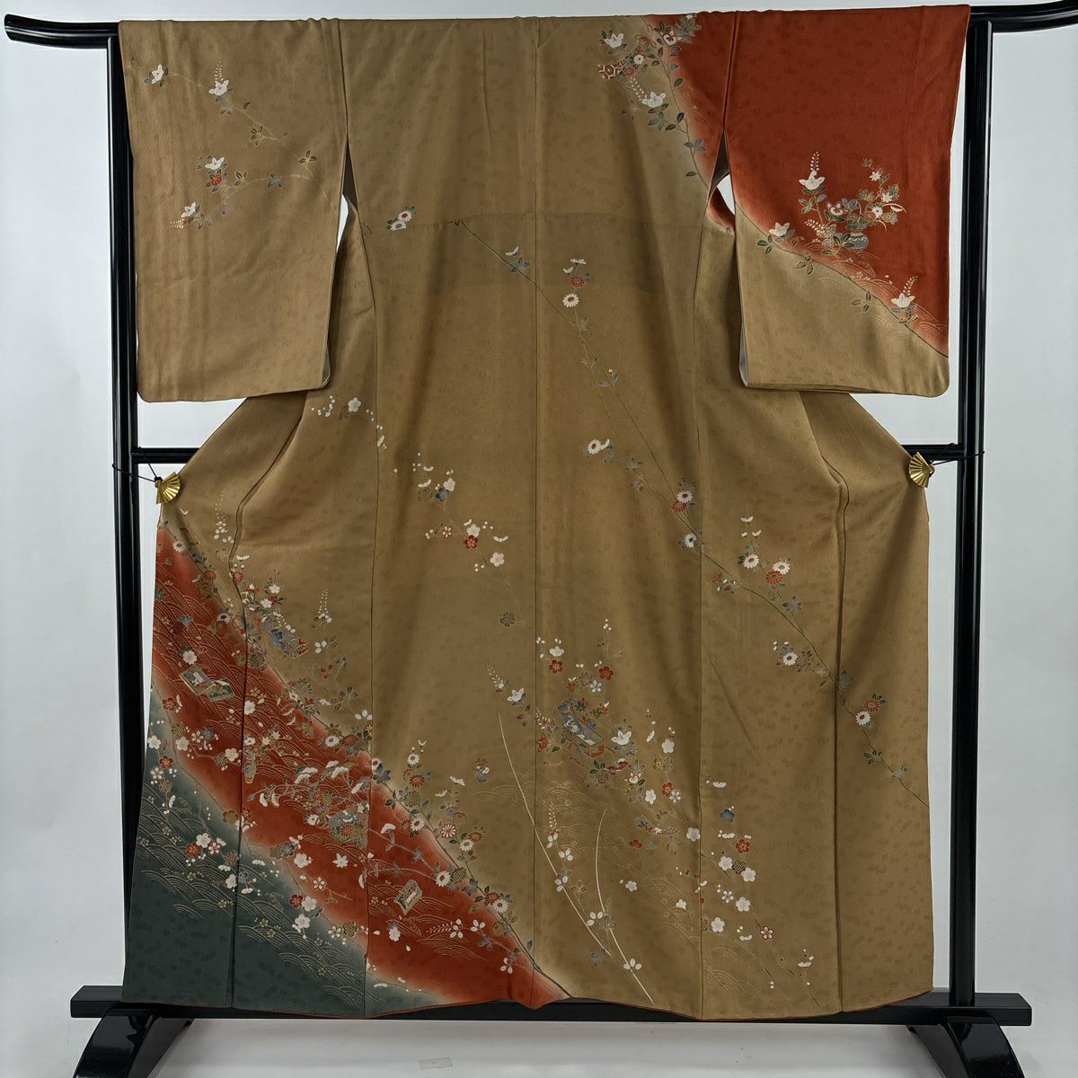 訪問服 身長160cm 袖長64cm M 雙層 文箱 草花紋紋 金彩裝飾 漸層 薄茶 純蠶絲 秀品級