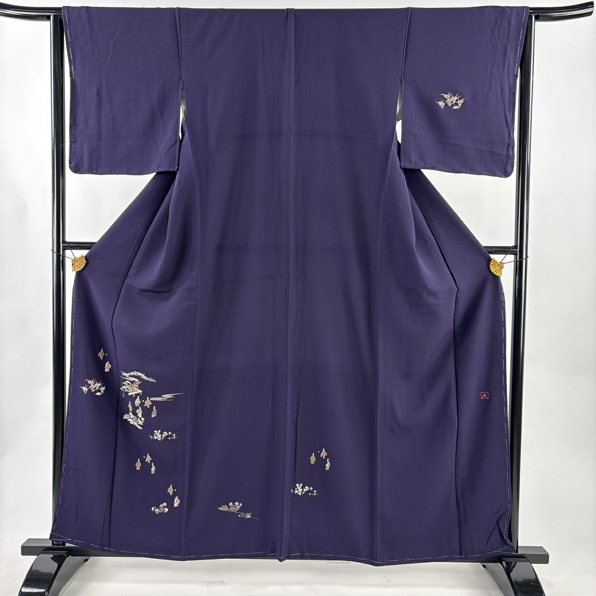付下 身長160cm 袖長64.5cm M 雙層 落款有 蹴鞠 草花紋刺繡 金金箔 深紫 純蠶絲 優品級