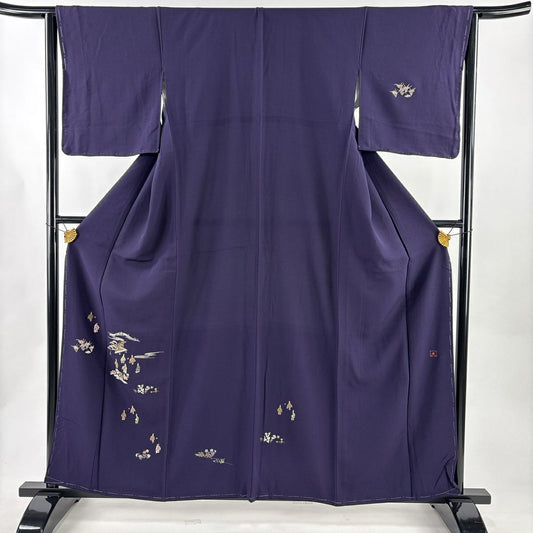 付下 身長160cm 袖長64.5cm M 雙層 落款有 蹴鞠 草花紋刺繡 金金箔 深紫 純蠶絲 優品級