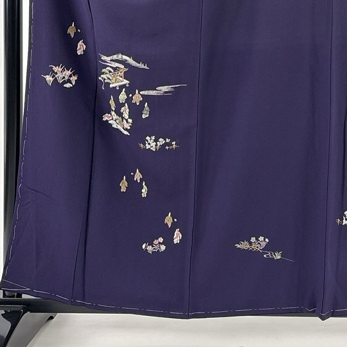 付下 身長160cm 袖長64.5cm M 雙層 落款有 蹴鞠 草花紋刺繡 金金箔 深紫 純蠶絲 優品級