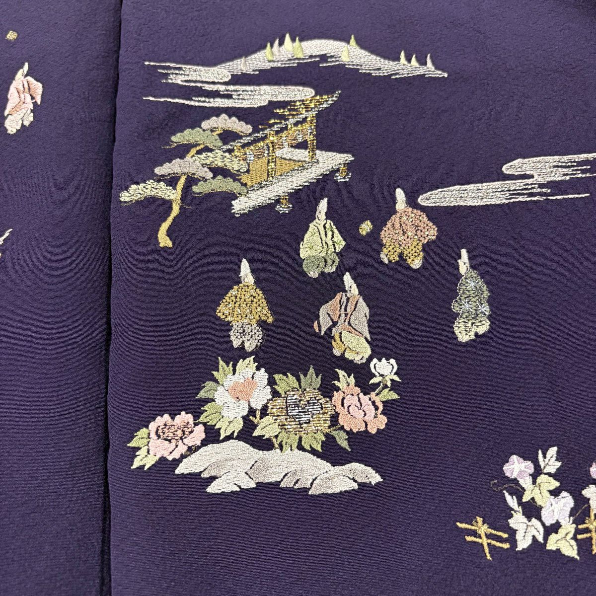 付下 身長160cm 袖長64.5cm M 雙層 落款有 蹴鞠 草花紋刺繡 金金箔 深紫 純蠶絲 優品級