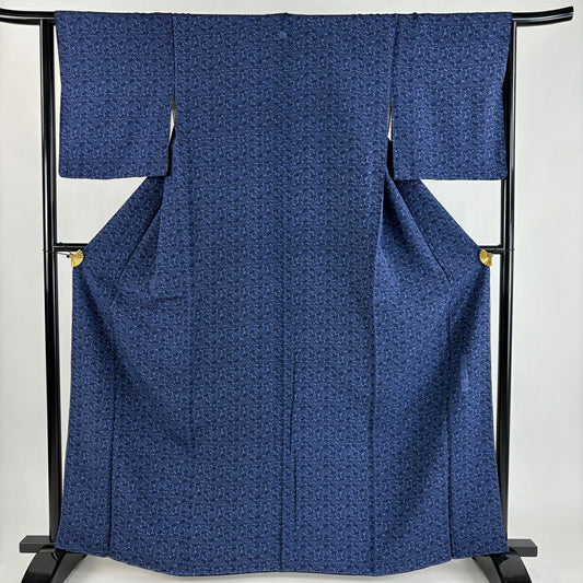 【美品】 小紋 身長164cm 袖長64cm M 雙層 落款あり 蕪 深藍 純蠶絲 秀品級 一つ紋
