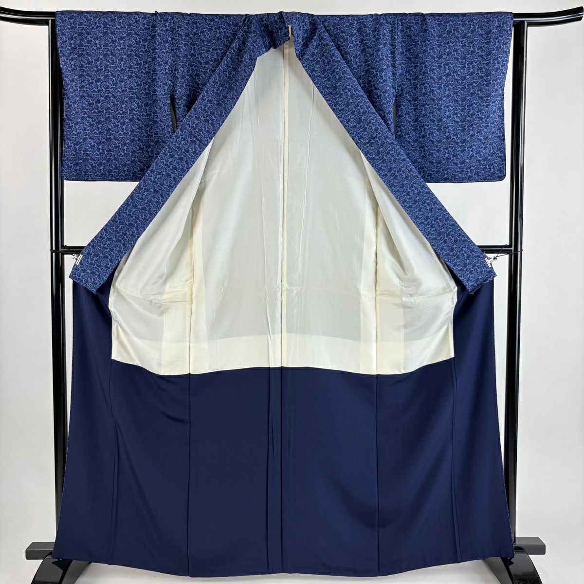 【美品】 小紋 身長164cm 袖長64cm M 雙層 落款あり 蕪 深藍 純蠶絲 秀品級 一つ紋