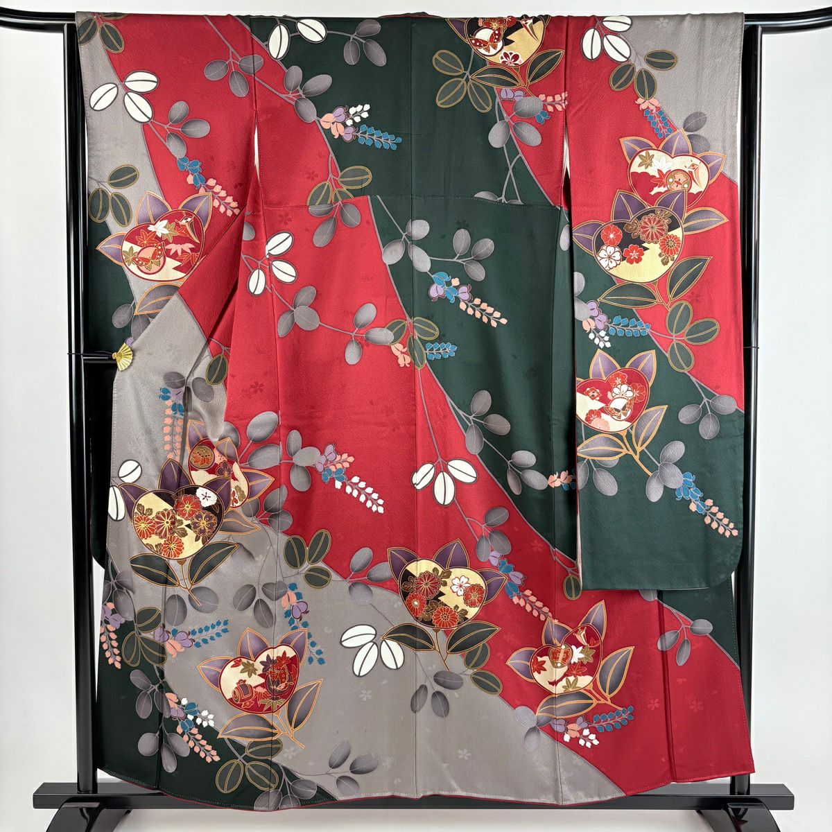 振袖禮服 身長156cm 袖長63.5cm S 雙層 橘色 萩花 金絲 金銀彩 紅色 純蠶絲 秀品級