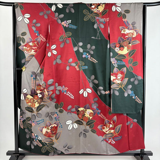 振袖禮服 身長156cm 袖長63.5cm S 雙層 橘色 萩花 金絲 金銀彩 紅色 純蠶絲 秀品級