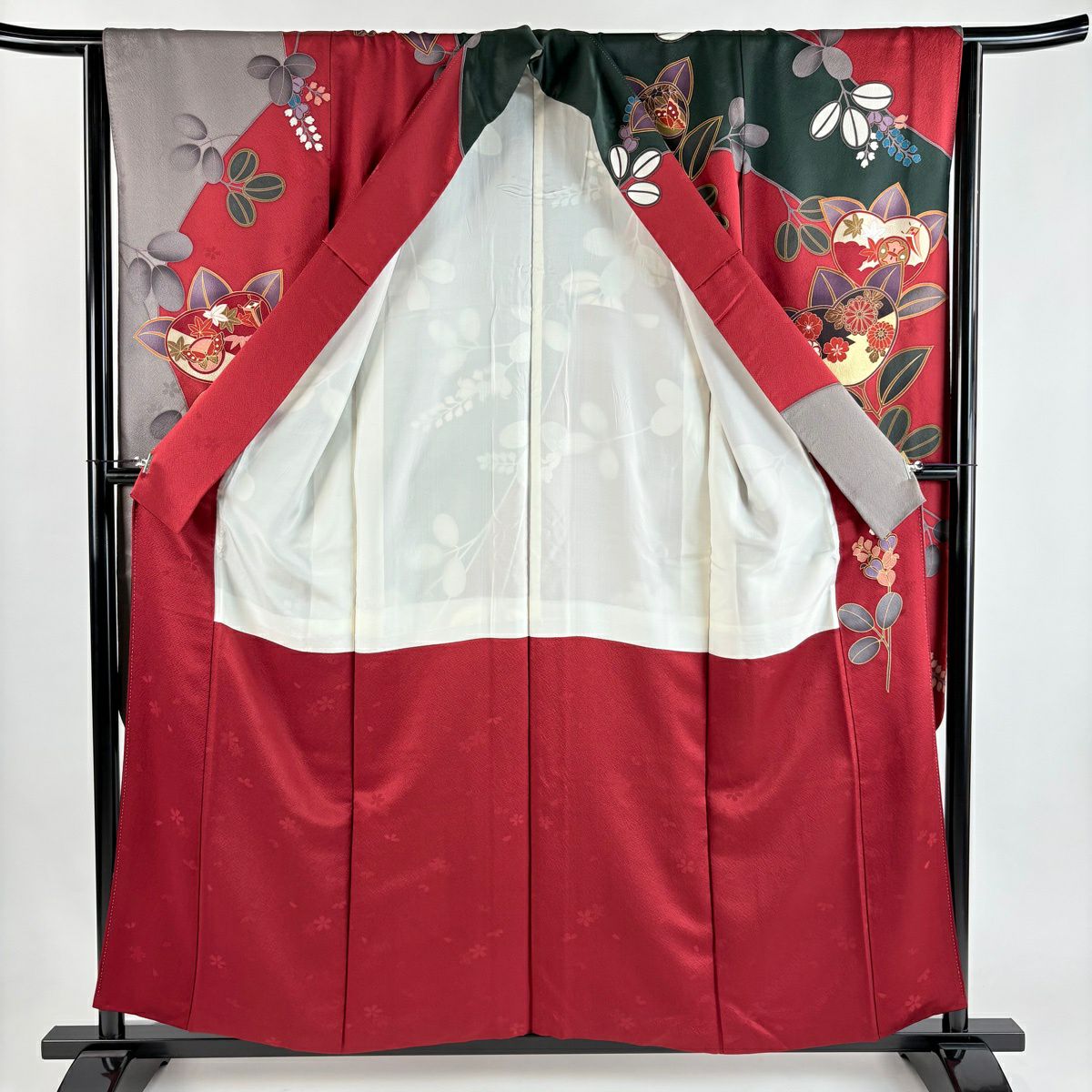 振袖禮服 身長156cm 袖長63.5cm S 雙層 橘色 萩花 金絲 金銀彩 紅色 純蠶絲 秀品級