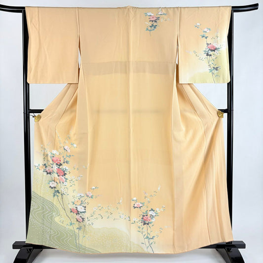訪問服 身長160cm 袖長65cm M 雙層 牡丹 流水 漸層 淺橙色 純蠶絲 優品級
