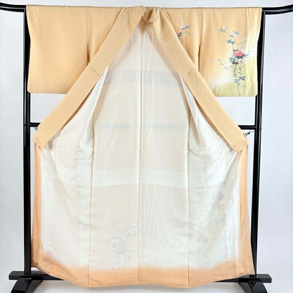 訪問服 身長160cm 袖長65cm M 雙層 牡丹 流水 漸層 淺橙色 純蠶絲 優品級