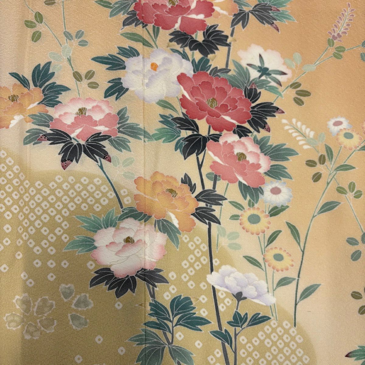 訪問服 身長160cm 袖長65cm M 雙層 牡丹 流水 漸層 淺橙色 純蠶絲 優品級