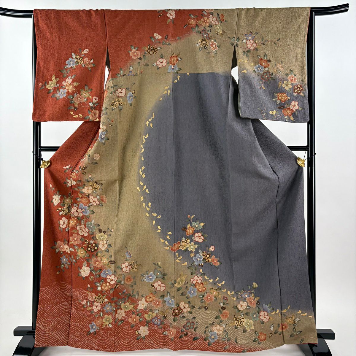 訪問服 身長166.5cm 袖長66cm M 雙層 椿 波 金銀彩 染分 紅茶 純蠶絲 秀品級