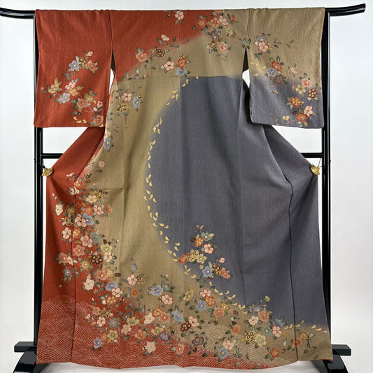 訪問服 身長166.5cm 袖長66cm M 雙層 椿 波 金銀彩 染分 紅茶 純蠶絲 秀品級