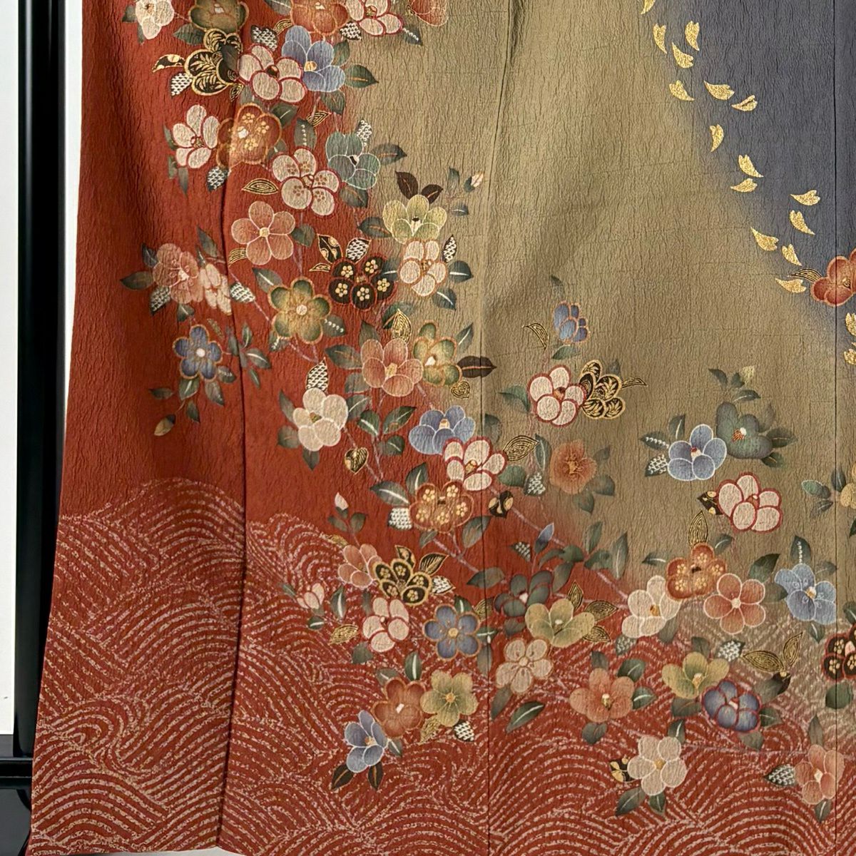 訪問服 身長166.5cm 袖長66cm M 雙層 椿 波 金銀彩 染分 紅茶 純蠶絲 秀品級
