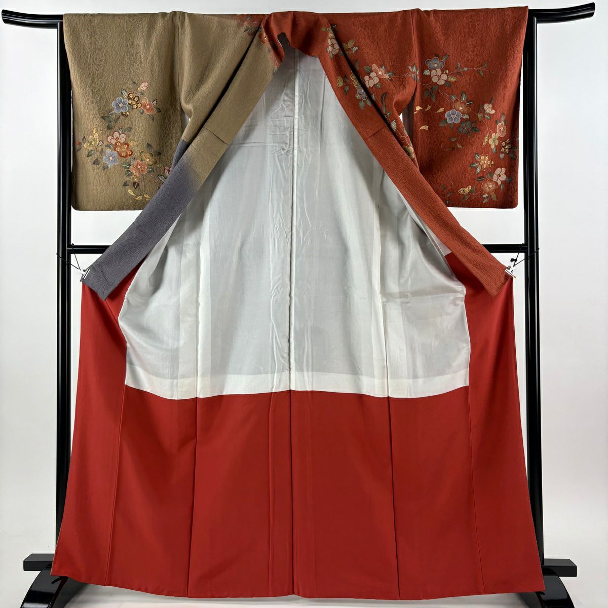 訪問服 身長166.5cm 袖長66cm M 雙層 椿 波 金銀彩 染分 紅茶 純蠶絲 秀品級