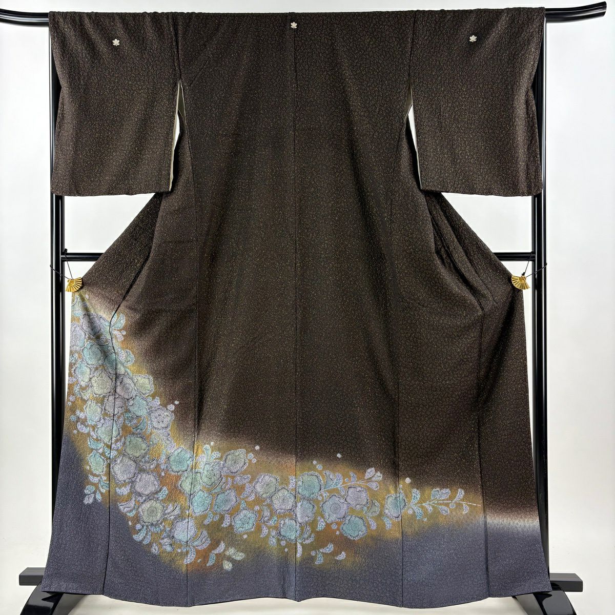 色留袖禮服 身長164cm 袖長66.5cm M 雙層 草花紋紋 金銀彩 漸層 焦茶 純蠶絲 秀品級 五つ紋