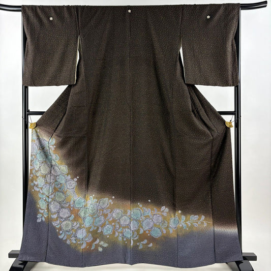 色留袖禮服 身長164cm 袖長66.5cm M 雙層 草花紋紋 金銀彩 漸層 焦茶 純蠶絲 秀品級 五つ紋