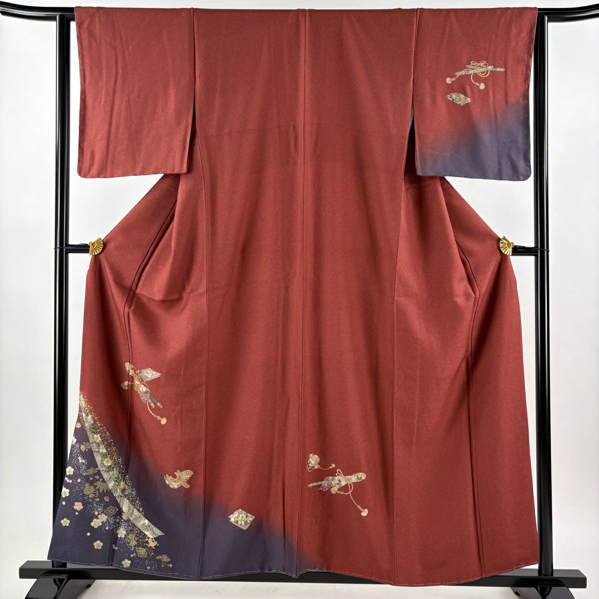 付下 身長157cm 袖長63cm S 雙層 笛 冊子 金銀彩 漸層 紅茶 純蠶絲 優品級