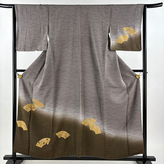 付下 身長157cm 袖長64cm M 雙層 扇子面 仙鶴 金絲 金銀彩 灰紫 純蠶絲 優品級