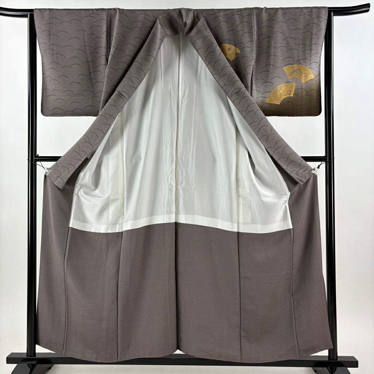 付下 身長157cm 袖長64cm M 雙層 扇子面 仙鶴 金絲 金銀彩 灰紫 純蠶絲 優品級