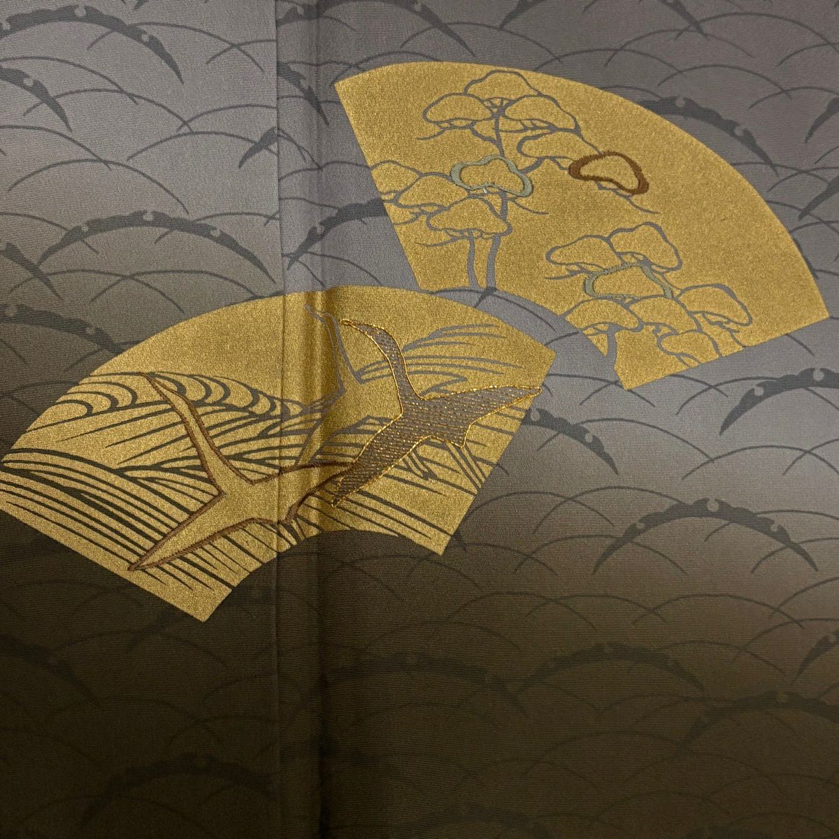 付下 身長157cm 袖長64cm M 雙層 扇子面 仙鶴 金絲 金銀彩 灰紫 純蠶絲 優品級