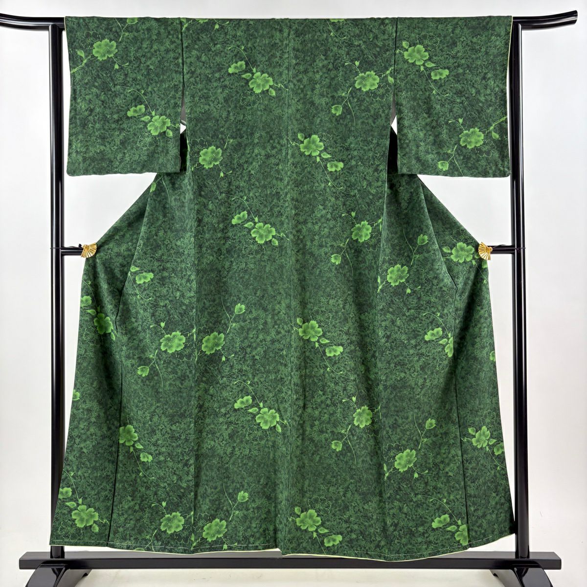 【美品】 小紋 身長155cm 袖長63cm S 雙層 草花紋紋 幾何圖案 綠 純蠶絲 秀品級