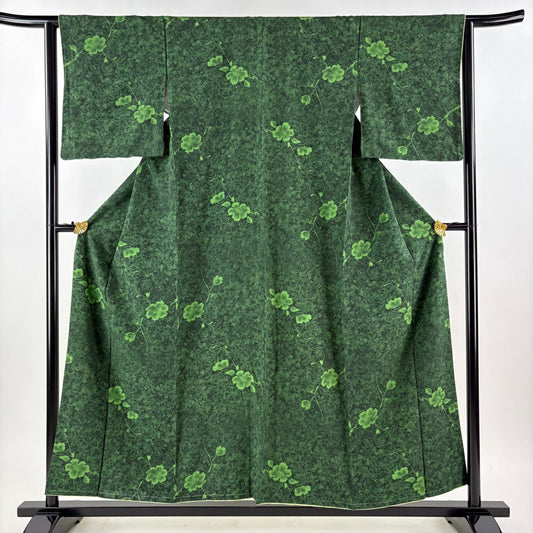 【美品】 小紋 身長155cm 袖長63cm S 雙層 草花紋紋 幾何圖案 綠 純蠶絲 秀品級