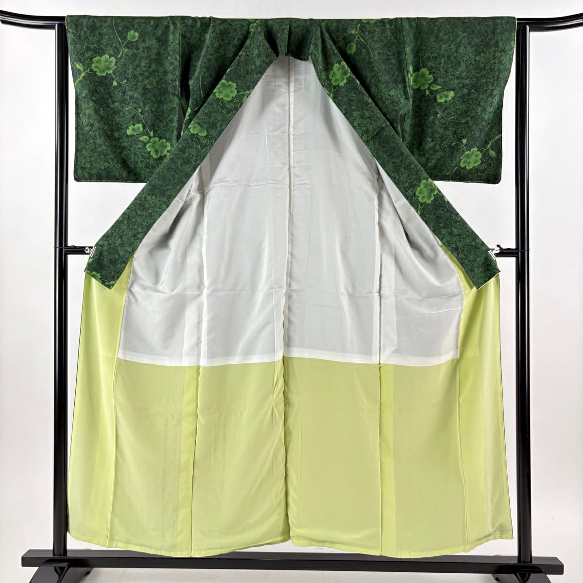 【美品】 小紋 身長155cm 袖長63cm S 雙層 草花紋紋 幾何圖案 綠 純蠶絲 秀品級