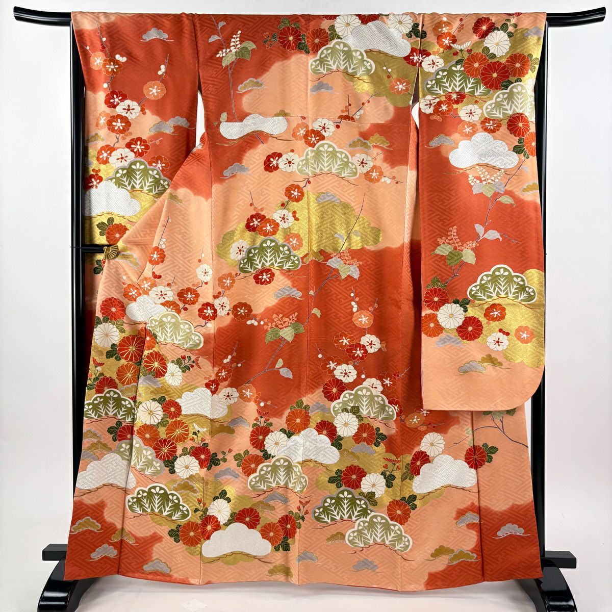 振袖禮服 身長164cm 袖長67cm M 雙層 菊花 松樹梅花 金絲 金銀彩 鮭粉色 純蠶絲 秀品級