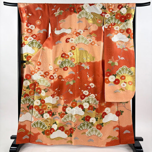 振袖禮服 身長164cm 袖長67cm M 雙層 菊花 松樹梅花 金絲 金銀彩 鮭粉色 純蠶絲 秀品級