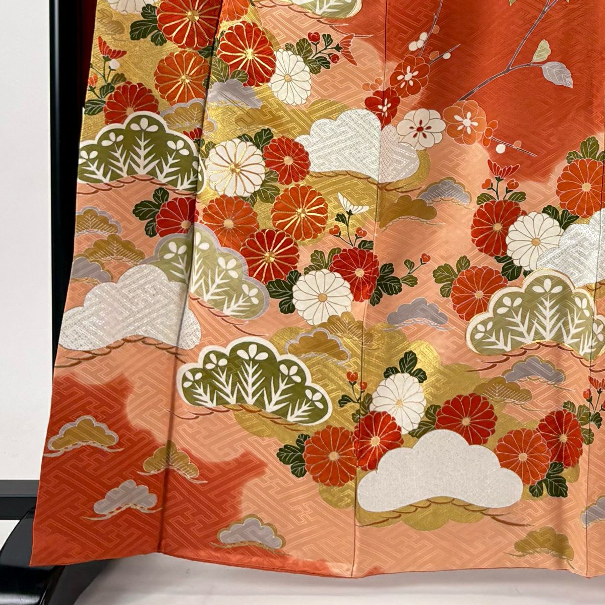振袖禮服 身長164cm 袖長67cm M 雙層 菊花 松樹梅花 金絲 金銀彩 鮭粉色 純蠶絲 秀品級